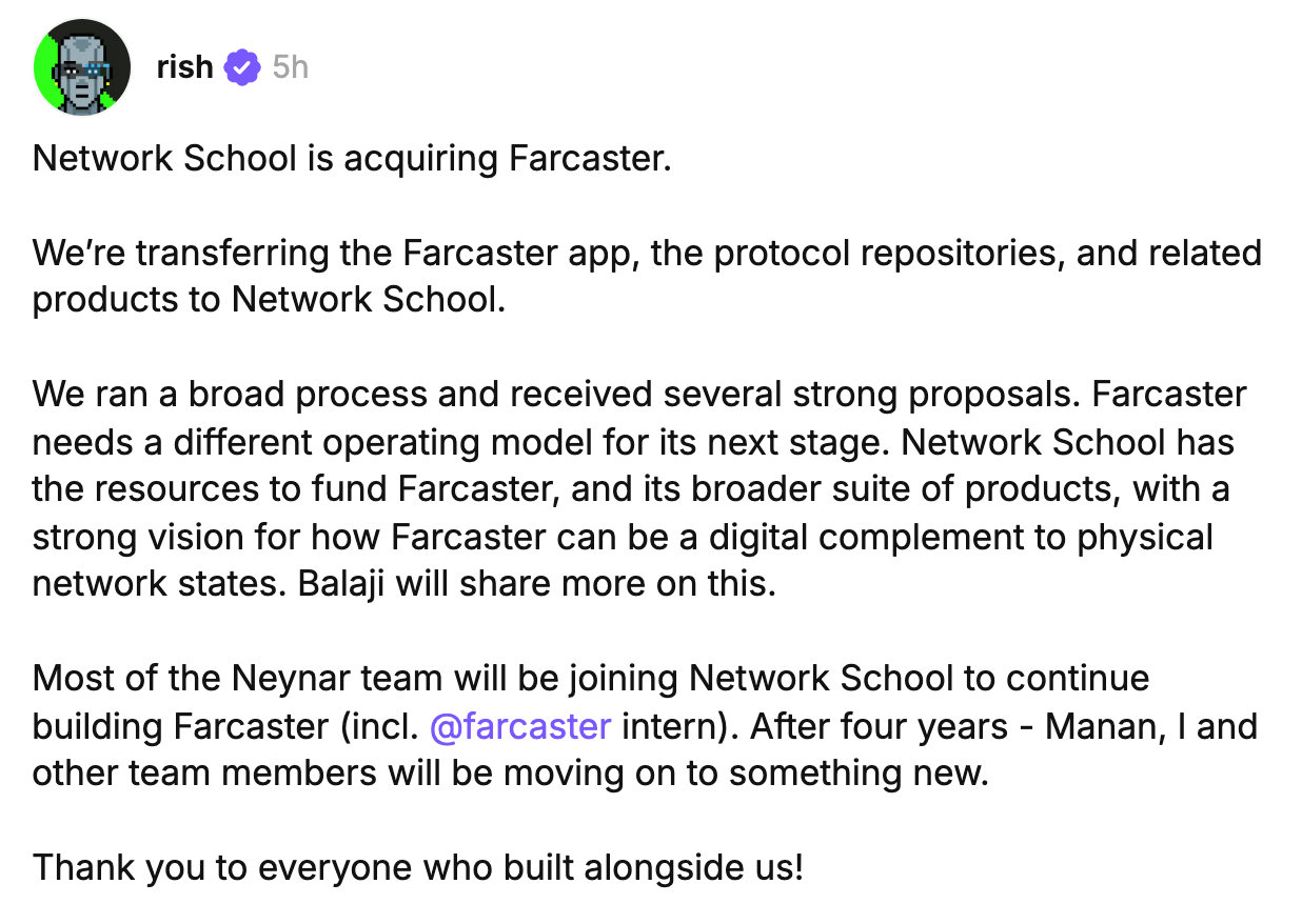 Network School Acquires Farcaster From Neynar - Hashtag Web3 article cover